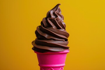 Delectable chocolate swirl ice cream in a vibrant pink cone on a solid yellow backdrop,