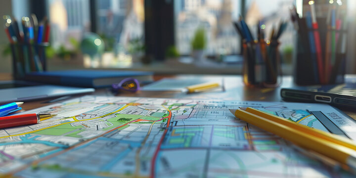 Close-up of a urban planner's desk with city maps and zoning documents, representing a job in urban planning