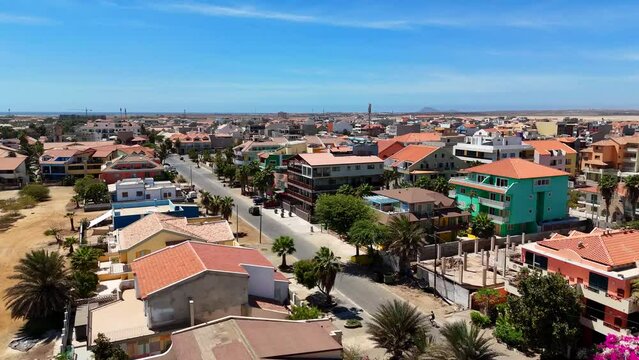 View from above of Santa Maria, Sal, Cape Verde, flying parallel to the road following a car
