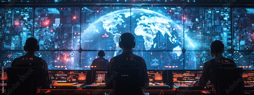 Poster advanced cybersecurity command center with operators monitoring global digital threats on massive in