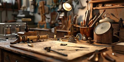 Close-up of a museum conservator's desk with restoration tools and conservation materials, symbolizing a job in art conservation