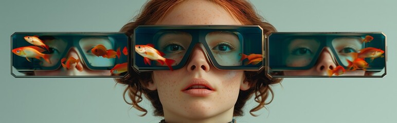Panoramic banner with conceptual portrait of a girl wearing oversized diving mask containing surreal mini aquarium, blending vintage and futuristic aesthetics for a retro-futuristic visual experience