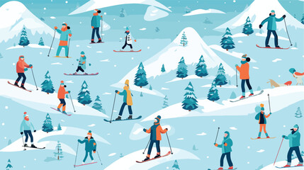 Seamless pattern with adults and children in winter