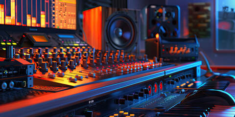Close-up of a sound engineer's desk with mixing boards and audio equipment, illustrating a job in sound engineering