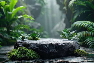 Stone podium for product presentation on a background resembling a jungle or tropical rainforest, with a misty atmosphere, wet stone, moss and ferns. Created with Ai