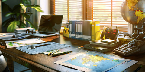 Close-up of a travel agent's desk with travel brochures and booking forms, representing a job in travel planning