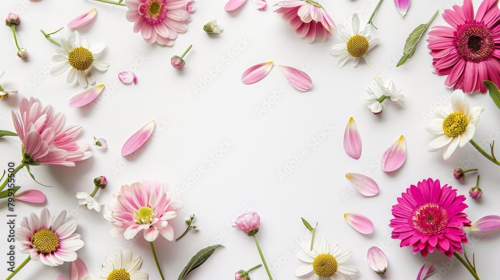 Sticker Flowers scattered on a white surface with pink and white petals