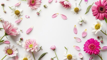 Flowers scattered on a white surface with pink and white petals