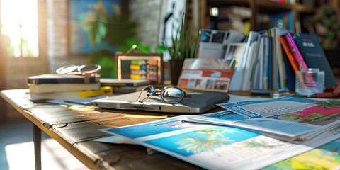 Close-up of a travel agent's desk with travel brochures and booking forms, representing a job in travel planning