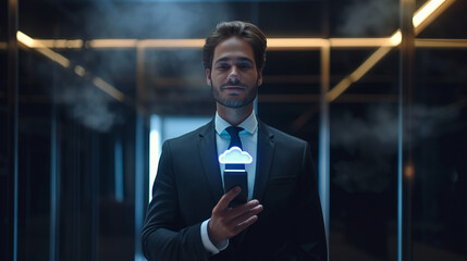 Fototapeta premium A business professional stands in a glass elevator, displaying a luminous cloud icon on his smartphone screen