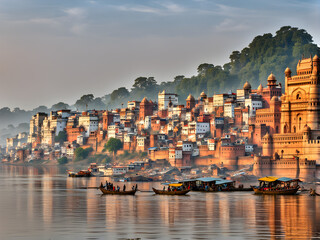 The scenery on both sides of the Ganges River in India, the mother river of India, natural attractions, and well-known attractions