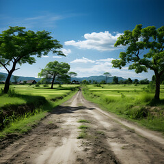 Fototapeta na wymiar A dirt road in a rural area with trees on either side Generative AI