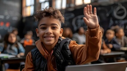 Biracial boy raising hand in class studying with laptop digital education. Concept Education, Diversity, Technology, Classroom, Online Learning - Powered by Adobe