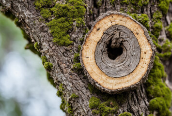 Close-up of a knot on an old tree trunk illustrating a mini ecosystem for small creatures.. AI...