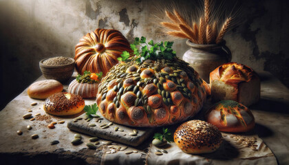 composition of various savory breads and pastries, topped with a mix of seeds and green