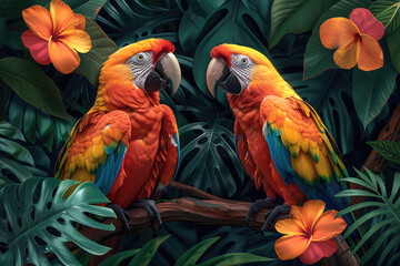 Two colorful parrots on a branch surrounded by tropical leaves and flowers. Created with Ai
