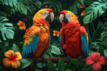 Two colorful parrots sitting on a branch against a tropical leaves and flowers background. Created with Ai