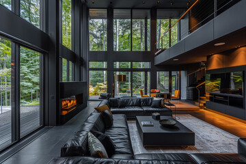 Sleek matte black home with luxurious open spaces and windows that frame views of the adjacent...