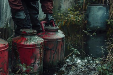 Obraz premium Detailed image of pesticide containers being handled improperly near a water source, raising concerns about environmental contamination, , moody lighting
