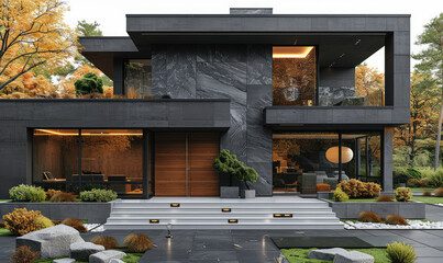  Ultrarealistic view of the entrance door and steps to a modern villa with a black stone facade, wood panels on the doors, glass windows. Created with Ai