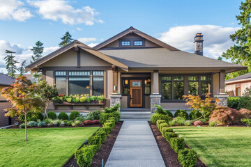 Fototapeta na wymiar A newly built taupe brown craftsman cottage style home, with a triple pitched roof, showcasing meticulously planned landscaping, a sidewalk leading up to the house, and superior curb appeal.
