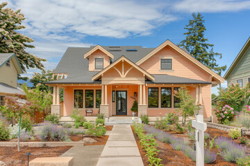 Fototapeta na wymiar A newly constructed soft peach craftsman cottage style home, showcasing a triple pitched roof, thoughtful landscaping, 