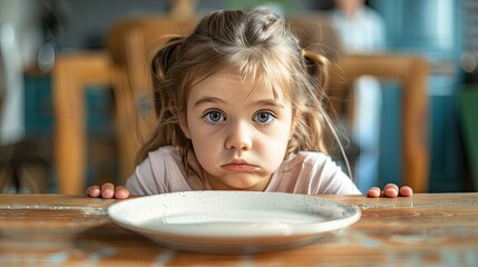 child has anorexia. little girl in front of food plate, concept child nutritional deficiencies
