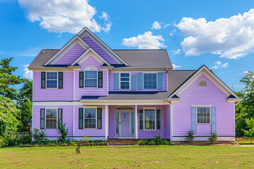 A pastel lavender house with siding, on a large lot in a suburban setting, boasting traditional windows and shutters, under a sunny sky.