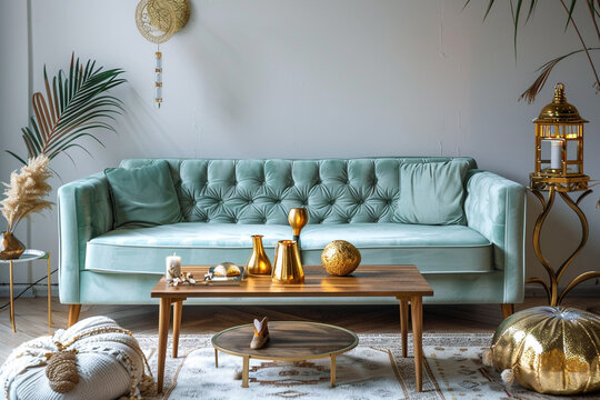 A posh living room with a minimalist design, showcasing a mint velvet sofa, a solid oak coffee table, a pouf covered in gold leaf, gold abstract sculptures, a kentia palm, 