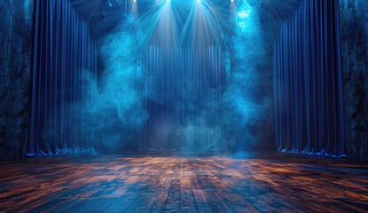 A dramatic stage with ornate blue curtains. Created with Ai