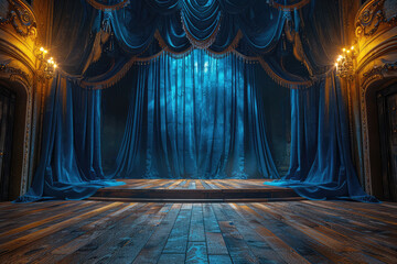 The stage is made of wood, with blue velvet curtains and spotlights shining on it. Created with Ai
