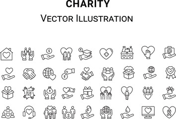 Charity Icon Sheet Vector Set .Donate, charity, solidarity, trust, social care, community, helping hands, partnership and help. Vector illustration 
