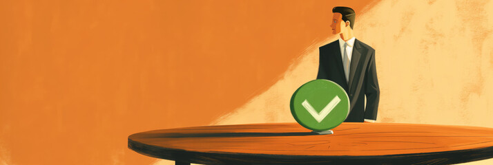 Illustration of a businessman at a wooden table facing a green check mark, represents decision making and agreement