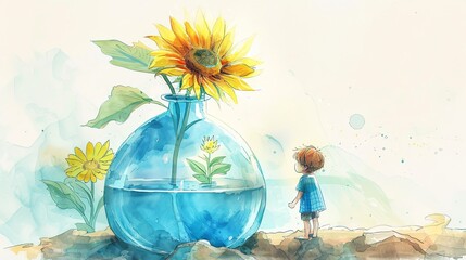 an adorable little boy standing next to his favorite vase with a beautiful sunflower inside