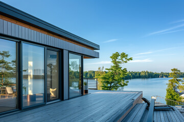 A serene lakeside modern home with large sliding doors and a deck overlooking the water, under clear summer skies.