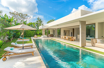 A modern and luxurious bungalow with an outdoor pool and lawn chairs under umbrellas, a dining table in front, surrounded by lush greenery and tropical plants