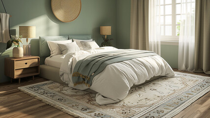 A serene sage green bedroom with a natural fiber rug and a comfortable, oversized bed.