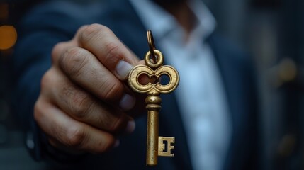 To unlock the pad, a golden key will unlock it, a professional will provide you with solutions, a key to unlock the pad or success, and a smart businessman holding the golden key.