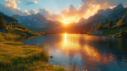  A beautiful lake in the mountains, golden hour sunset, grassy hills. Created with Ai