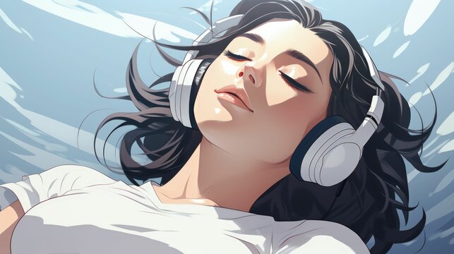 A teenage girl laying with a 90's headphone, her eyes are closed and she is absolute bliss