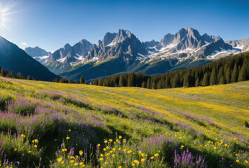 Sweeping alpine meadow with a spectrum of wildflowers, enhanced by sunlight and mountain backdrop. AI generated.