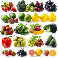 Assorted fruits and vegetables on white background