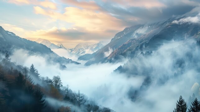 Beautiful Landscape of mountain layer in morning sun ray and winter fog,Fog-Kissed Pines: Aerial Panorama of Nature's Blanket,Sunlight piercing through mist over layered mountain ridges. Generated AI
