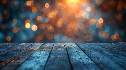 dark blue wooden table against shiny golden and blue background with bokeh effects for various use - obrazy, fototapety, plakaty