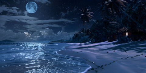 A full moon shines over a beach with palm trees in night beach background and wallpaper ,Tropical beach at night with palm trees and moonlight background and wallpaper 
 