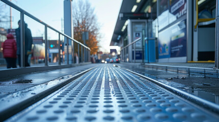 Fototapeta premium Low angle view of tram tracks in a city at dawn with pedestrians.