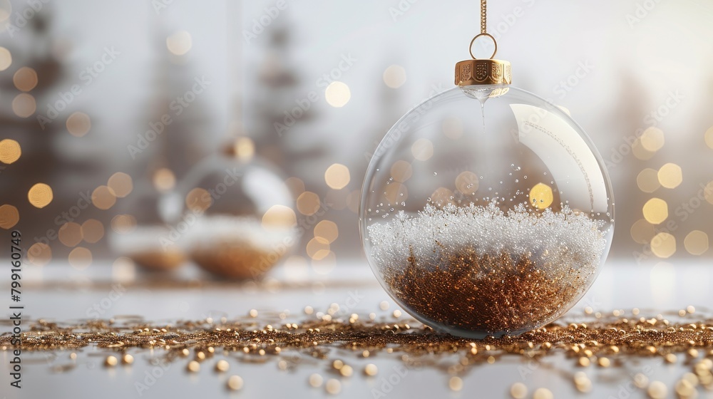 Canvas Prints A christmas background made of real 3D ornaments. A Christmas tree ornament with a transparent ball attached to a golden ribbon decorated with gold glitter confetti. A realistic 3D representation of