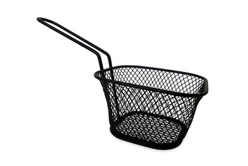 Empty black wire chip serving basket isolated on white background with clipping path and copy...