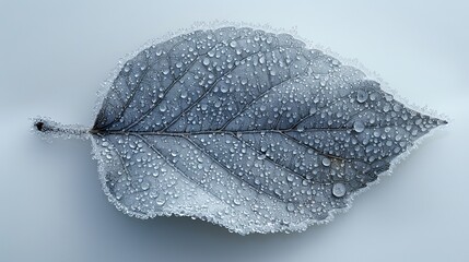 Above, one leaf is enclosed by ice against a stark white background, suggesting themes of winter, preservation, and isolation