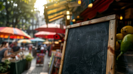Outdoor market scene with blank chalkboard